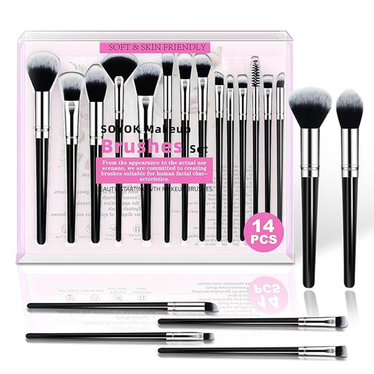 Makeup Brush Set, Premium Synthetic 14 Pcs Makeup Brushes, Travel Makeup Brush Set for Foundation, Concealer, Blush and Eyeshadow Brush(Black)