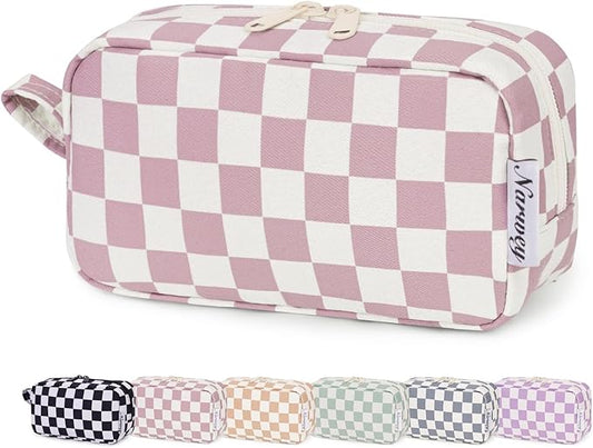 Narwey Small Cosmetic Bag, Small Makeup Bag for Purse, Travel Mini Makeup Pouch, Zipper Pouch, Cute Checkered Makeup Bag with Organized Pockets for Women (Dusty Rose Checkerboard, Small)