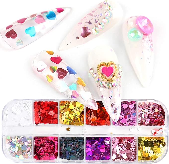 3D Heart Nail Glitter Sequins Heart Nail Art Stickers Decals Nail Art Supplies Heart Glitter nail Flakes Holographic Confetti Nail Glitters for Acrylic Nails Designs Makeup DIY Decoration