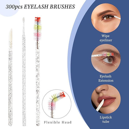 300 PCS Eyelash Extension Supplies Kit, Disposable Micro Swab, Crystal Eyebrow Spoolie Lash Brush, Lip Brush, Mascara Wand Applicatorr(colorful+black)
