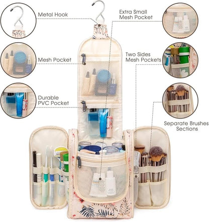 Narwey Small Hanging Toiletry Bag Women Travel Makeup Bag Organizer Toiletries Bag for Travel Size Essentials Accessories Cosmetics(Medium, Beige Bird)