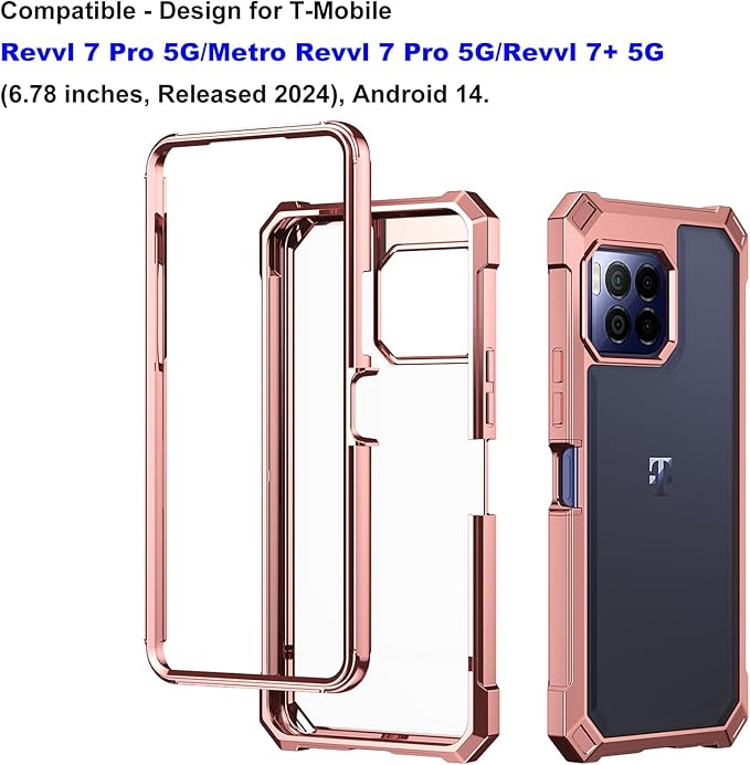 Ailiber for T-Mobile REVVL 7 Pro Case with Screen Protector, Dual Layer Shockproof Bumper, Clear Transparent [Anti Yellowing], Slim Scratch-Resistant Cover for Metro REVVL 7 Pro 5G-Rose Gold