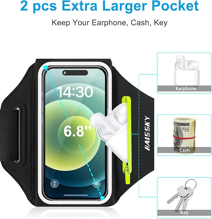 Cell Phone Armbands for Running with Earphone Bag, Arm Band for iPhone 16 15 14 13 12 11 Pro Max Galaxy S21-S24 Ultra, Armband Phone Holder with Car Home Key Pocket for MP3 Player 4-6.8''