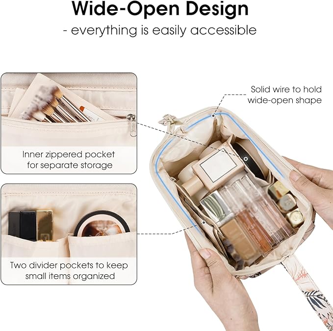 Narwey Women Makeup Bag Wide-open Make up Bag Travel Cosmetic Organizer Toiletry Bag for Cosmetics Toiletries Accessories (Beige Flamingo)