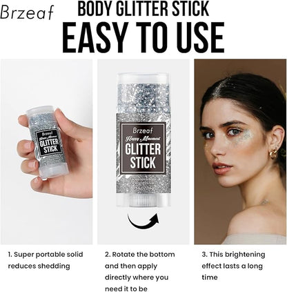 Brzeaf Silvery Body Glitter Stick, Waterproof & Long Lasting, Hair Eyeshadow Face Body Glitter, Singer Concert Music Rave Festival, Glitter Stick Makeup & Face Glitter Gel
