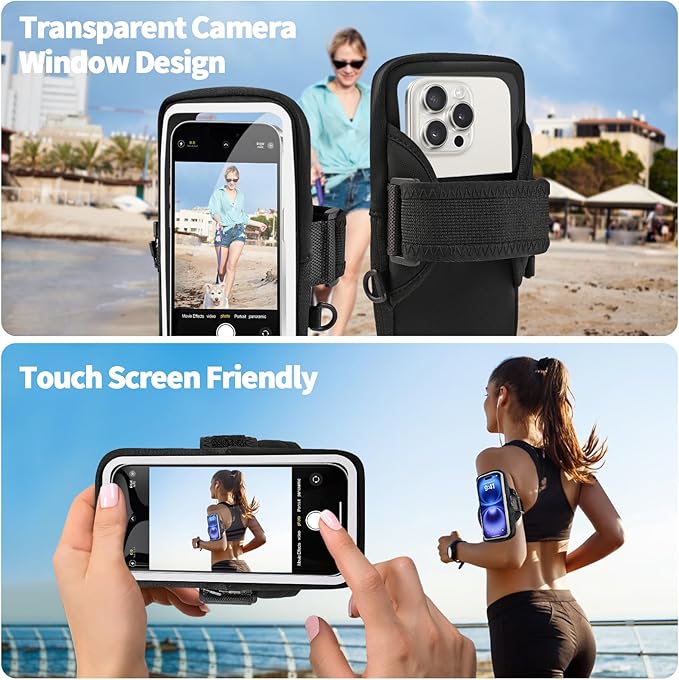 Running Phone Holder, Cell Phone Armband, Clear Crossbody Phone Pouch Purse with Adjustable Strap, Arm Bag with Carabiner, Fits iPhone 16/15/14 Pro Max & Galaxy S25 S24 S23[Up to 7.0 inch]