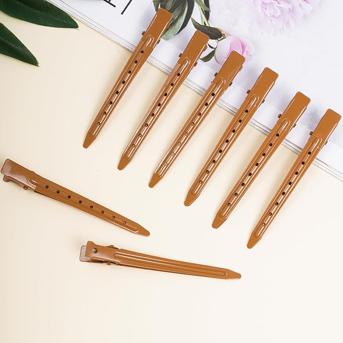 24 Packs Duck Bill Clips, Bantoye 3.35 Inches Rustproof Metal Alligator Curl Clips with Holes for Hair Styling, Hair Coloring, Brown
