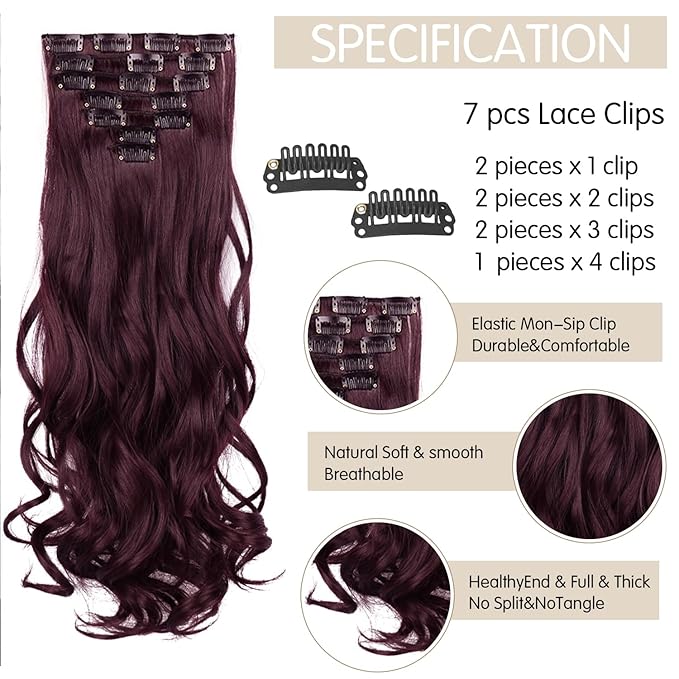 22 Inch Clip In Hair Extensions 7 PCS Long Wavy Synthetic Hair Extension & Natural Soft Invisible Clip Thick Hairpieces for Women Daily(20Inch, 7pcs, Burgundy)