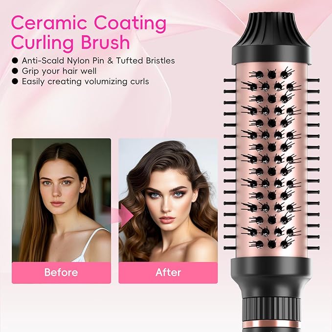 Nicebay Hair Straightening Brush Set with Thermal Brush Flat Iron, 1 Inch Ceramic Curling Iron, 5 Adjustable Temps Professional Fast Heat with Glove, Dual Voltage for Travel, Women Gifts