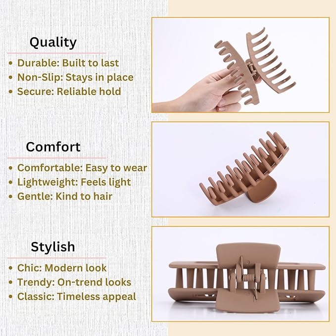 Light Brown Hair Clips for Women - 8 Pack 4.3 Inch Large Hair Claw Clips for Women Thin Thick Curly Hair, Big Matte Banana Clips,Strong Hold jaw clips
