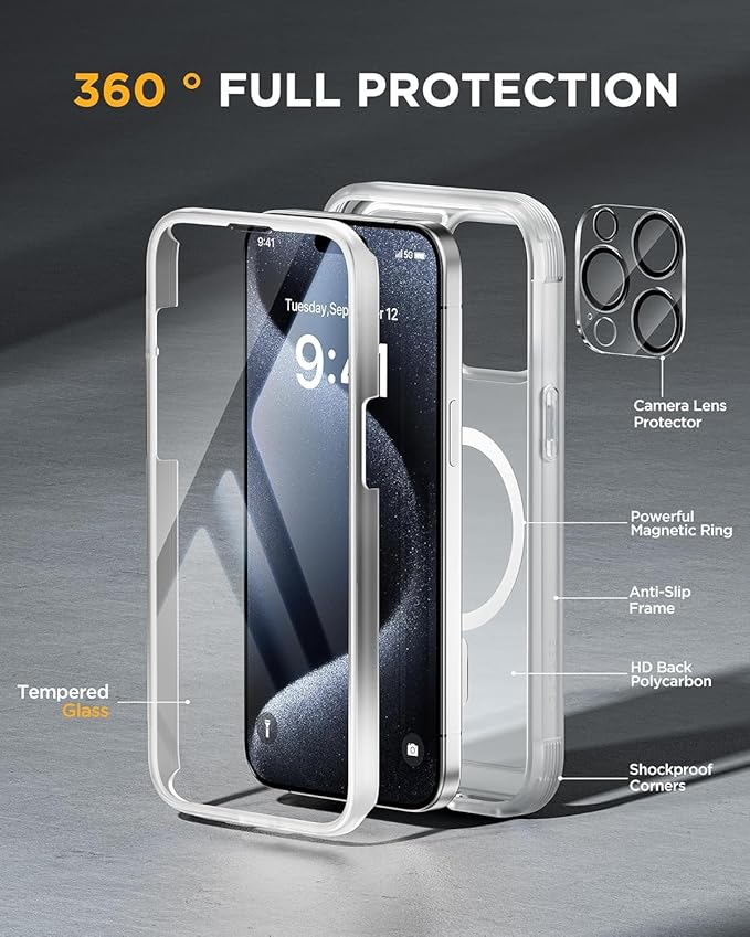 Miracase Magnetic for iPhone 12 Pro Max Case [Compatible with MagSafe] Full-Body Phone case with Built-in Glass Screen Protector& Camera Protector, Military Drop Proof 12 Pro Max Cover, Matte Clear