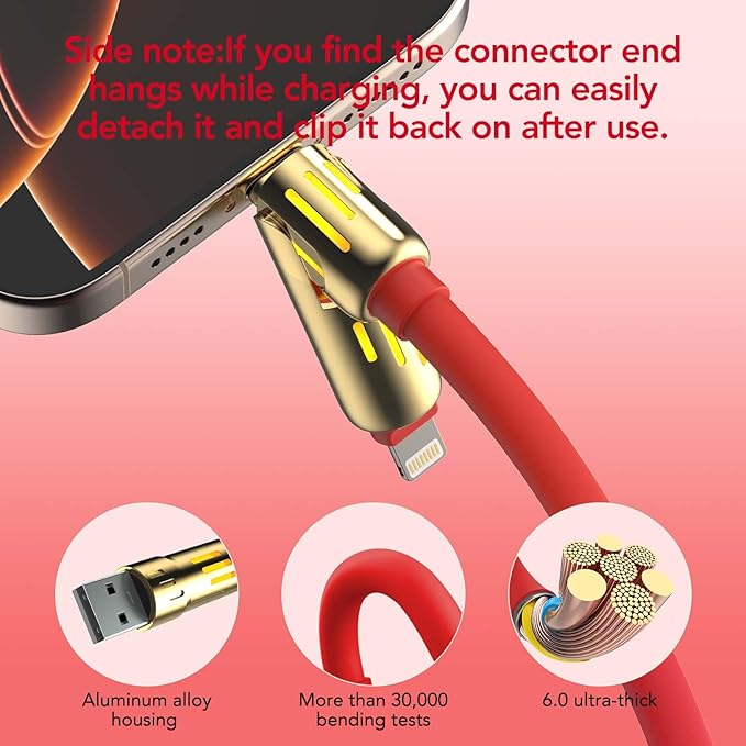 4-in-1 Universal Multi USB Charging Cable – 240W Max Fast Charger Cord with Multiple Connectors for iPhone 16/15/14/13, iPad, Samsung, MacBook, Tablets & More (Red, 6.6Ft)