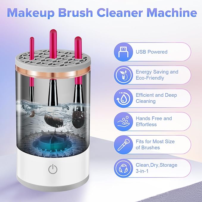 Electric Makeup Brush Cleaner Machine, 2 in 1 Cosmetic Brush Cleaner with Cleaner Mat, Automatic Spinning Washer Combined for All Size Makeup Brushes & Sponges, Beauty Cleaning Tool Gifts for Women
