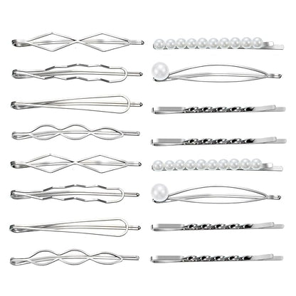 16 Pieces Geometric Metal Hair Pins, Silver Hair Pins Pearls Hair Clips Hair Barrettes Metal Bobby Pins for Woman Girls