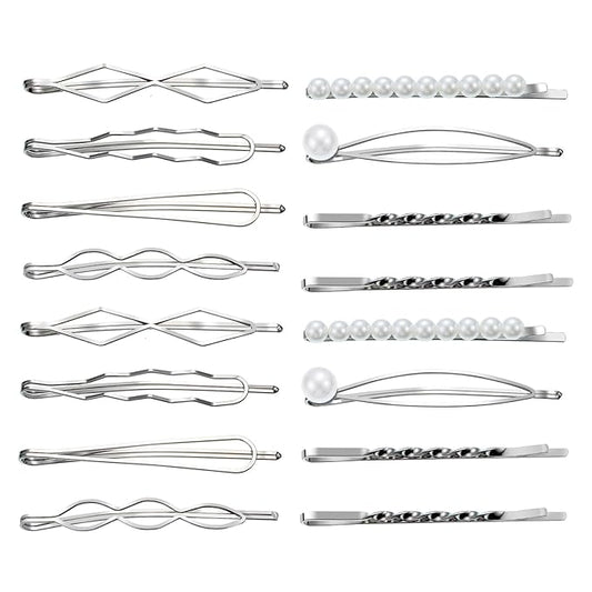 16 Pieces Geometric Metal Hair Pins, Silver Hair Pins Pearls Hair Clips Hair Barrettes Metal Bobby Pins for Woman Girls