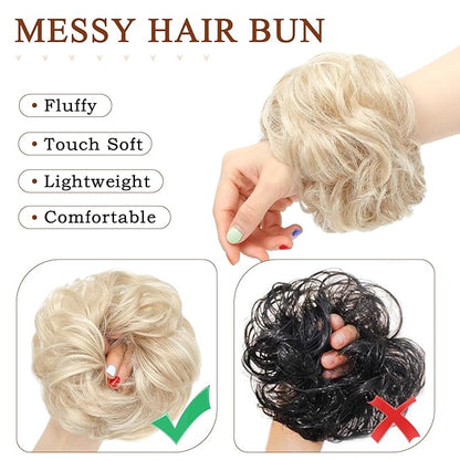 MORICA Messy Bun Hair Piece for Women - Elastic Wavy Curly Fake Bun Hair Extension Chignon Ponytail Hairpieces for Women (Ash Blonde & Bleach Blonde)
