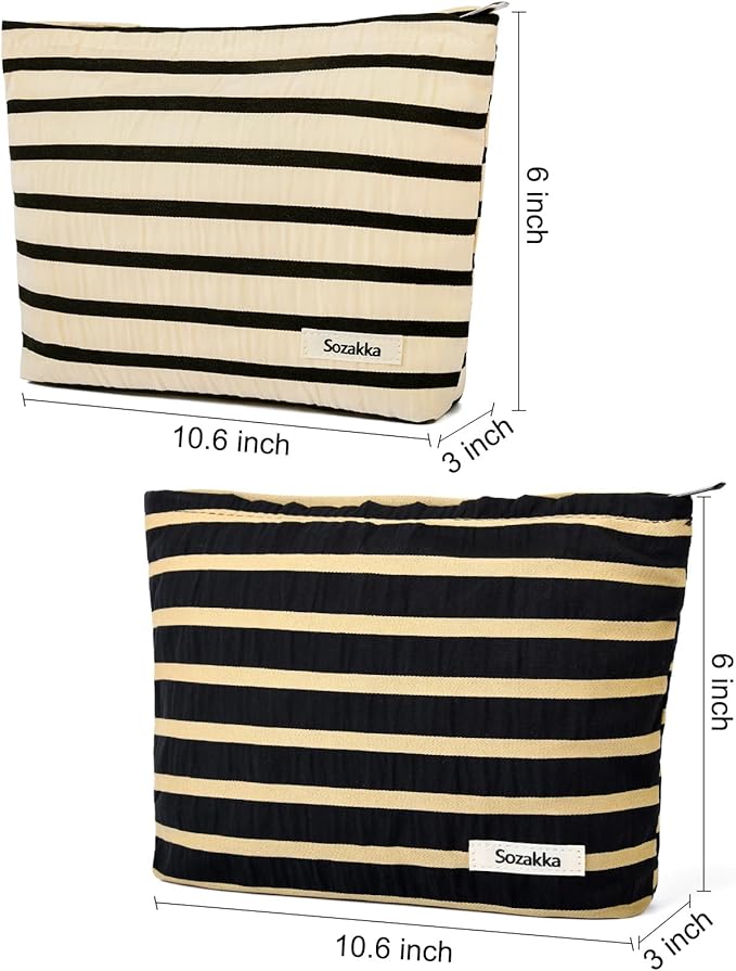 2 Pieces Makeup Bag Large Stripe Cosmetic Bag Capacity Canvas Travel Toiletry Bag Organizer Cute Makeup Brushes Aesthetic Accessories Storage Bag for Women, Stripe L Black White