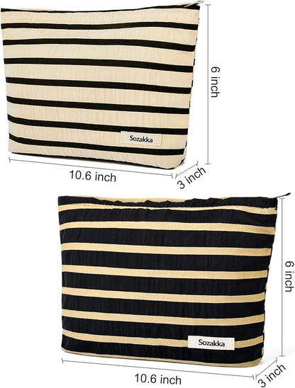 2 Pieces Makeup Bag Large Stripe Cosmetic Bag Capacity Canvas Travel Toiletry Bag Organizer Cute Makeup Brushes Aesthetic Accessories Storage Bag for Women, Stripe L Black White