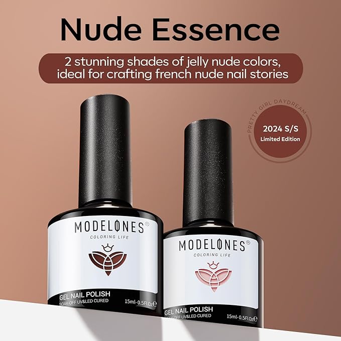 modelones Gel Nail Polish Set 2 Pcs 15 ML Nude Brown Gel Polish Kit Neutral Skin Tone Translucent Nude Soak Off Gel Nail Kit Manicure DIY At Home Nail Art Salon Gift For Women Girl