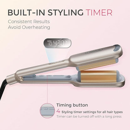 Curling Iron Hair Crimper Waver - TYMO ROVY Beach Waves Curling Wand, Ionic Deep Waver Hair Curler Tool with Ceramic 3 Barrel for Women, Dual Voltage, Anti-Scald, Easy to Use, Elegant Gold, 1 Inch