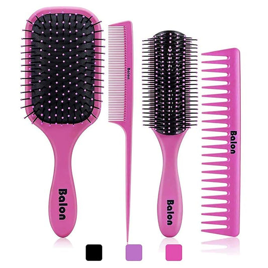 4Pcs Detangling Brush Set for Women - Paddle Brush for Wet or Dry Straight, Long, Thick, Curly, Natural Hair, No More Tangles (Pink)