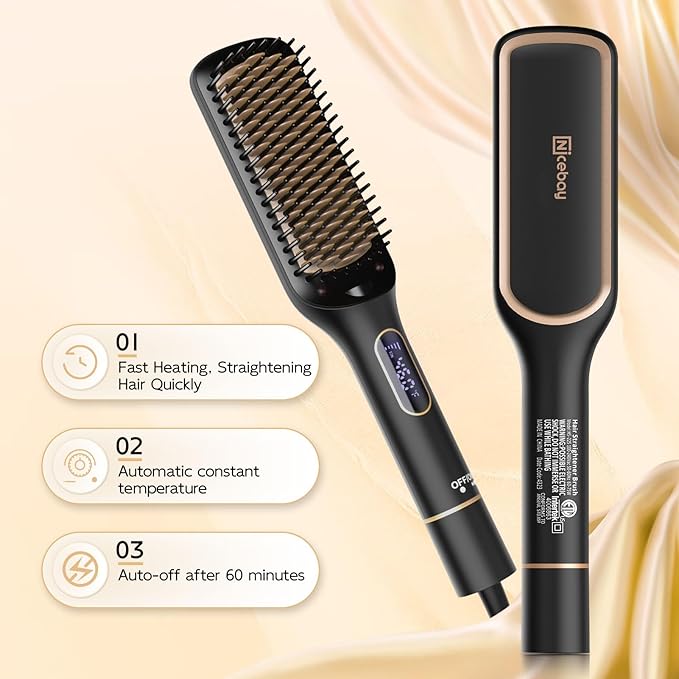 Nicebay Hair Straightener Brush with Rotatable Temperature Adjustment, 6 Temp Settings, Auto-Off, LED Display, Effective Hair Care for Women, Ceramic Heater Surface Material, Black & Gold