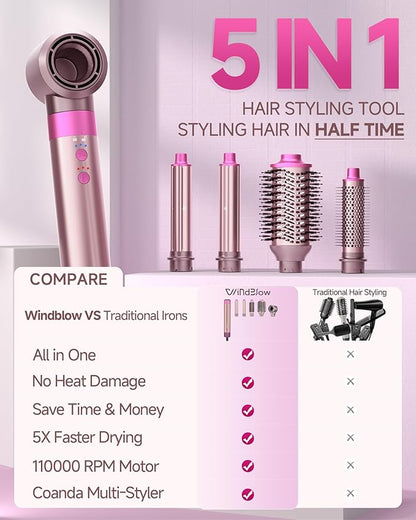 5 in 1 Hair Dryer Brush WindBlow Magic Styler, 110,000 RPM High-Speed Turbo Blow Dryer Brush, Professional 500 Million Negative Ionic Hair Dryer, for Curling Volumizing Air Styling