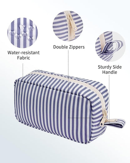 Narwey Small Makeup Bag for Purse Travel Makeup Pouch Mini Cosmetic Bag Zipper Pouch for Women (Greyish Blue Stripe, Small)