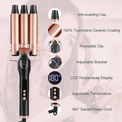 6 in 1 Hair Curling Iron Wand Set PTC Fast Heating Hair Crimper Professional Hair Styling Tools LCD Temp Control with Hair Straightener, Ceramic 3 Barrel Hair Waver Surprise Gift for Women Girl
