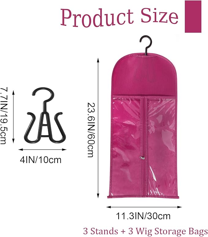 3PCS Rose Pink Wig Hanger - Multiple Wig Holder with Dust-proof Storage & Hooks for Hair Extensions & Accessories