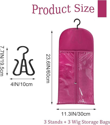 3PCS Rose Pink Wig Hanger - Multiple Wig Holder with Dust-proof Storage & Hooks for Hair Extensions & Accessories