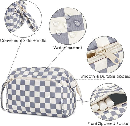 Narwey Checkered Makeup Bag Women Wide-open Make up Bag Travel Cosmetic Bag Organizer Toiletry Bag for Cosmetics Toiletries Accessories (Greyish Blue Checkerboard)