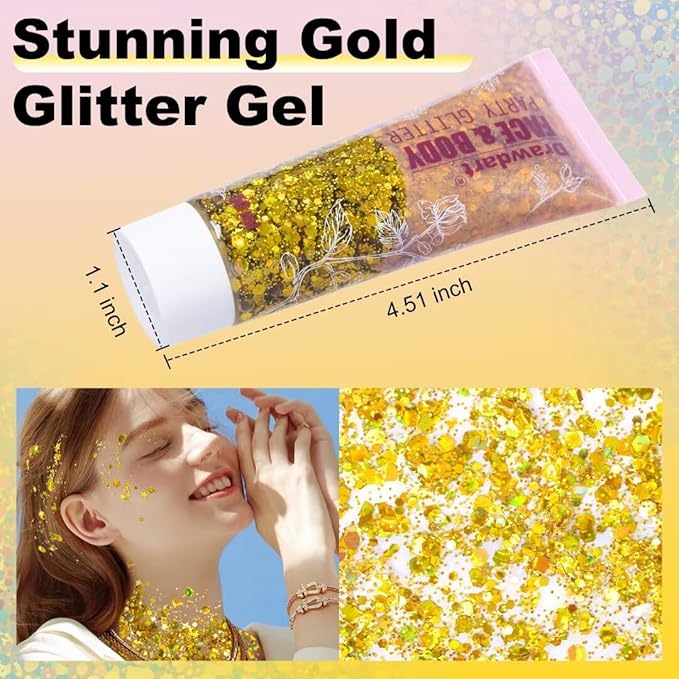 Face Body Glitter Gel, Gold Holographic Glitter Sequin for Face Body Hair,Halloween Festival Party Sparkling Gel Glitter Makeup for Women and Kids,50ml