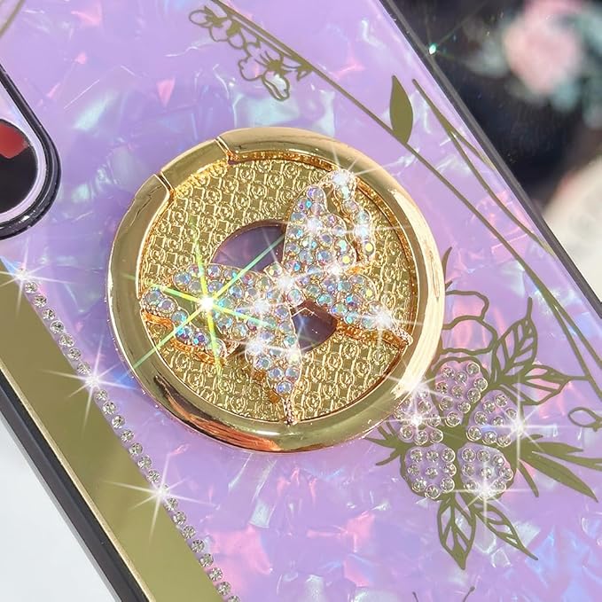 for Samsung Galaxy A16 Case with Kickstand,A16 5G Phone Case Girly Bling Diamond Butterfly Design,Luxury Plating Sparkle Pearl Hard Back Soft TPU Bumper with Bead Strap for Women Girls Pink