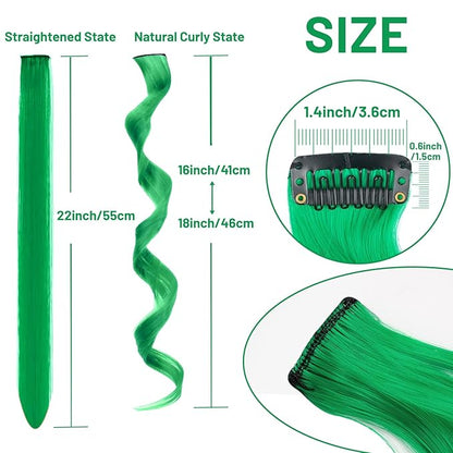 16 Pcs Colored Hair Extensions Curly Wavy Clip in Synthetic Hairpiece Streak for Girls Women Kids, Multi-colors St. Patrick's Day Party Highlights Cosplay Festival Gift(Green)