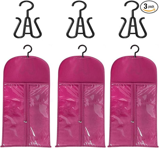 3PCS Rose Pink Wig Hanger - Multiple Wig Holder with Dust-proof Storage & Hooks for Hair Extensions & Accessories
