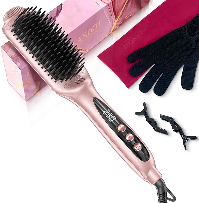 LANDOT Inoic Hair Straightener Brush for Smooth, Frizz-Free Results - Electric Heated Ceramic Straightening Brush Dual Voltage - Fast Heating Adjust Temp 250-450F for All Hair Types