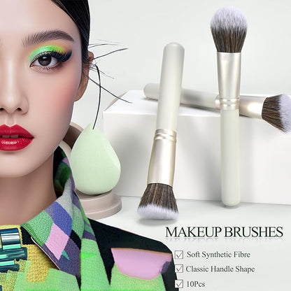 10Pcs Makeup Brush Set With Sponges And Drying/Storage Case，Best Gift For Women/Girls, Used For Powder, Foundation, Highlight, Eye Shadow, Concealer, Etc., Suitable For Beginners (Green 13pcs)