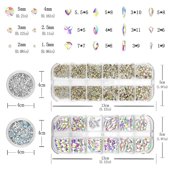 Nail Art Rhinestones Flatback Rhinestones Nail Charms Fine Glitter Supplies Mixed AB Crystals Gems Glitter Powder Luxury Design Jewelry Accessories for Women Manicure Decorations.