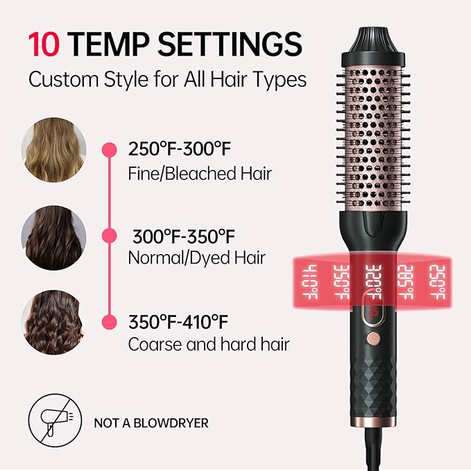 Negative Ion Thermal Brush for Blowout Look, 1.5 Inch Heated Round Brush, Ceramic Curling Brush with Anti-Scald Nylon Bristles,10 Temps & Auto Shut-Off, Dual Voltage