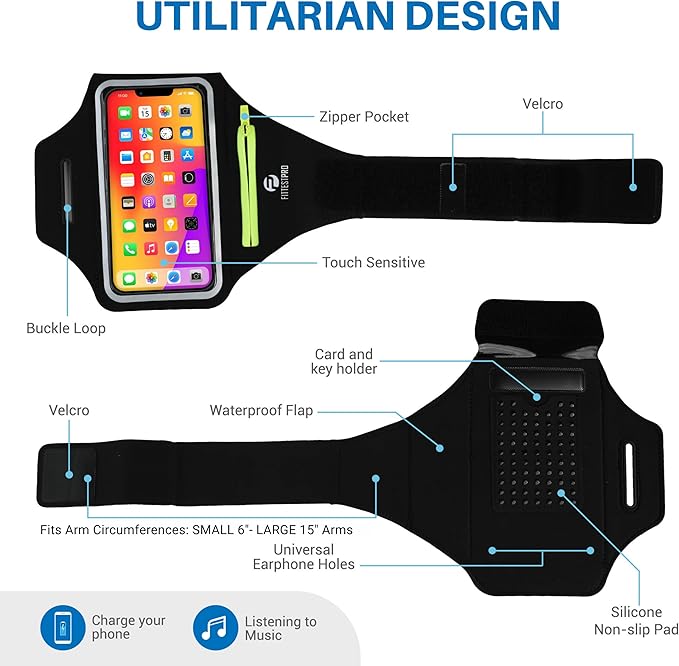 Armband with Airpods Pocket Cell Phone Armband for iPhone 14 13 Pro 14 Plus 12 11 XR XS, Galaxy S20/S10 Water Resistant Sports Phone Holder Case & Zipper Slot Car Key Holder for 6.5 inch Phone