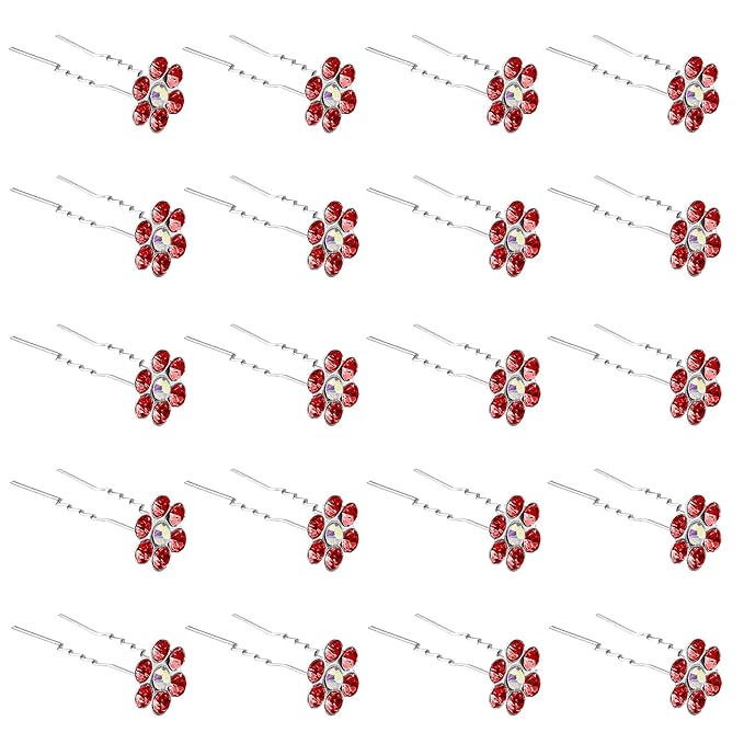 20 Pack (Red) Crystal Flower Hair Pins Rhinestone Hair Clips for Bridal Wedding Women Hair Jewelry Accessories, with Clear Container