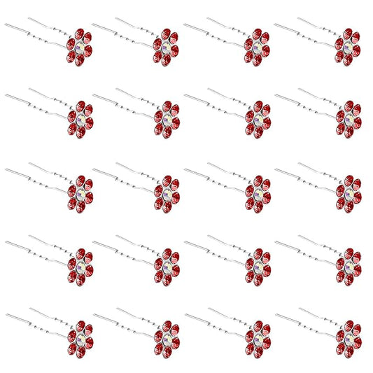 20 Pack (Red) Crystal Flower Hair Pins Rhinestone Hair Clips for Bridal Wedding Women Hair Jewelry Accessories, with Clear Container