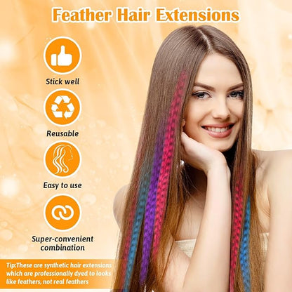 65 Pcs Hair Feathers with Hair Extension Tools, 13 Colors Long Straight Synthetic Hair Feather Extensions Kit with Microlink Beads for Women Girls Kids Daily Parties Festival