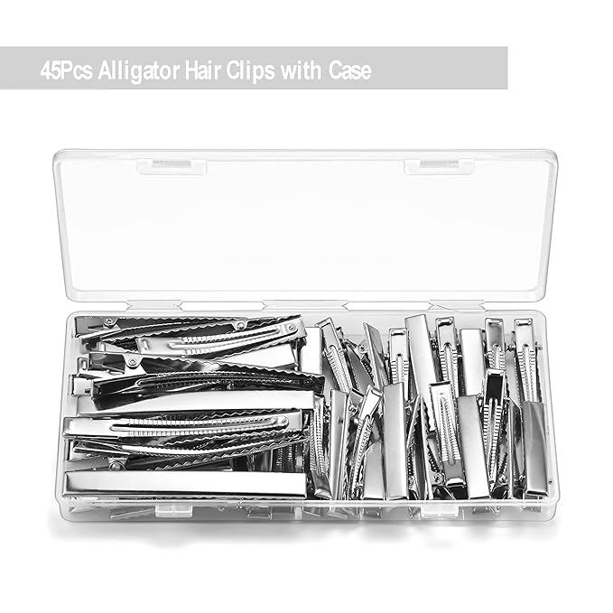 45Pcs Metal Hair Accessories Set: Alligator Hair Clips for Bow Making, 3 Sizes Silver Hair Curlers, Salon Grips, DIY Hairpins with Case