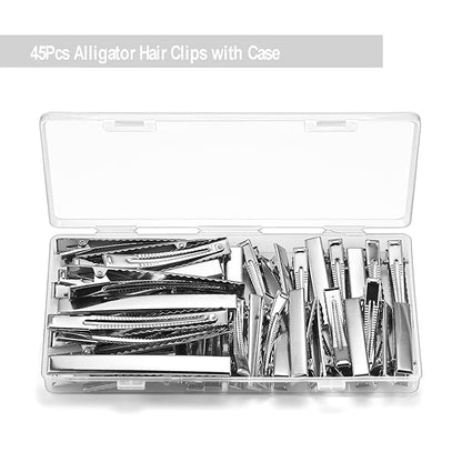 45Pcs Metal Hair Accessories Set: Alligator Hair Clips for Bow Making, 3 Sizes Silver Hair Curlers, Salon Grips, DIY Hairpins with Case