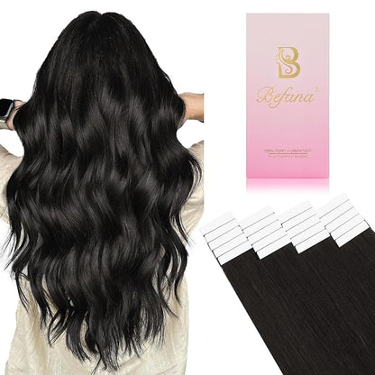 Off Black Tape in Hair Extensions Human Hair,20 inches Natural Black Human Hair Extensions,Seamless Invisible Straight Silky Skin 20 Pcs 50g Tape ins #1B