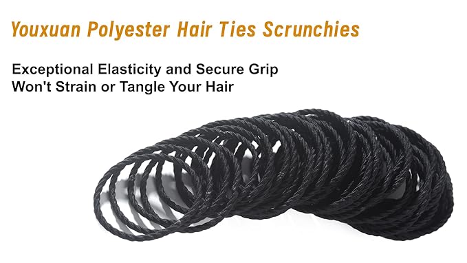 No Damage Soft Polyester Hair Ties, No Tug Scrunchies Hair Bands with Strong Elasticity - Black, 50 Pieces