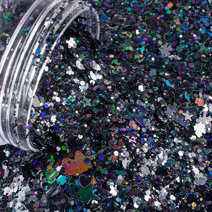 Black Holographic Chunky Glitter Cosmetic Body Hair Face Eye Nail for Festival Carnival Concert Party Beauty Rave Accessories Different Sizes&Shapes 2 Pots 14g/0.5oz+ Quick Dry Primer Glue Gel