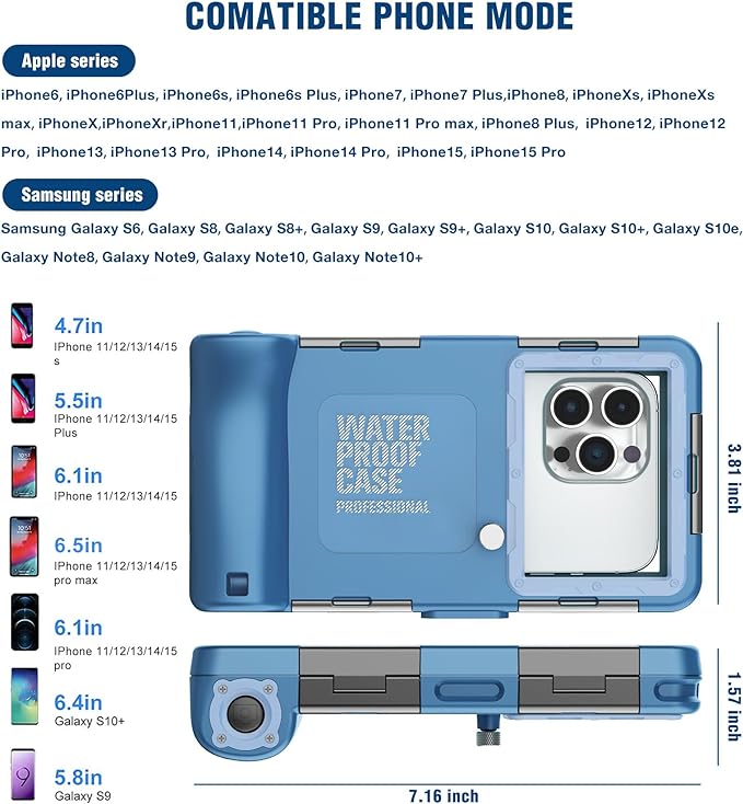 2025 Underwater Snorkeling Diving Phone Case for iPhone 16/15/14/13/12/11 Pro Max/XS/X Samsung Galaxy S24/S23/S22/，[50ft/15m] Professional Scuba Dive Waterproof Case Underwater Photo Video Cove-（Blue）